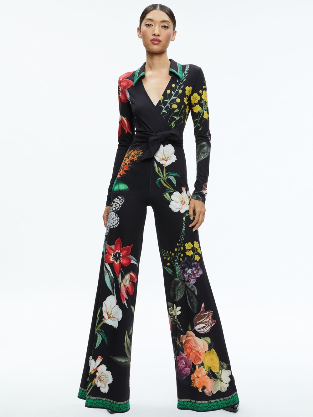Alice + Olivia Black Floral Wrap Jumpsuit with Wide Legs